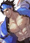  1boy abs belt black_hair brown_eyes glasses guilty_gear guilty_gear_strive headband highres male_focus medium_hair mito_anji muscular nipples ogata_tomio open_mouth pectorals smile solo teeth 