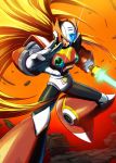  1boy android armor blonde_hair energy_sword gloves green_eyes helmet highres holding hoshi_mikan long_hair looking_at_viewer male_focus ponytail robot rockman rockman_x solo sword very_long_hair weapon zero_(rockman) 