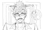  1boy :o akudama_drive collar facial_hair glasses greyscale highres hoodlum_(akudama_drive) indoors jewelry knife_in_hair looking_at_viewer male_focus monochrome orb scared simple_background single_earring solo sosona stubble sweatdrop upper_body white_background 