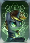  2020 absurd_res bethesda_softworks brown_mane english_text equid equine fallout fallout_equestria fan_character female feral fur green_background green_eyes grey_body grey_fur gun hasbro hi_res horn jedayskayvoker littlepip mammal mane my_little_pony pip-boy poster ranged_weapon simple_background solo text unicorn vault_suit video_games weapon 