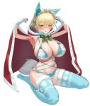  1girl :o absurdres animal_ear_fluff animal_ears armpits bangs bell bikini blonde_hair blue_bikini blue_eyes blue_legwear blush bow bowtie breasts breath cape cat_ears cross cross_earrings earrings fake_animal_ears fur-trimmed_bikini fur-trimmed_gloves fur-trimmed_legwear fur_trim girls_frontline gloves hair_between_eyes hair_ornament heart highres hood hood_down hooded_cape huge_breasts jewelry maid_headdress mole mole_on_breast mole_under_eye o-ring o-ring_bikini open_mouth pom_pom_(clothes) red_cape short_hair simple_background sitting snowflake_hair_ornament solo sweat swimsuit thighhighs uleuleuleu vsk-94_(girls_frontline) white_background white_gloves 