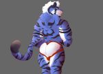  anthro ashi_(character) ashi_ton balls big_butt blue_body blue_eyes blue_fur butt clothing felid feline fur genitals hair jockstrap male male/male mammal muscular muscular_anthro muscular_male pantherine smile solo striped_body striped_tail stripes tattoo tiger underwear white_balls white_hair wide_hips 