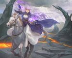  1girl absurdly_long_hair cloak cloud cloudy_sky commission commissioner_upload dress expressionless fire_emblem fire_emblem:_the_binding_blade hair_blowing highres horse long_hair magic molten_rock open_mouth picnicic purple_eyes purple_hair serious sky sophia_(fire_emblem) very_long_hair 