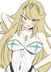  1girl arm_up artist_request bare_shoulders blonde_hair blush breasts cleavage covered_navel elbow_gloves gloves long_hair mythra_(xenoblade) one-piece_swimsuit shy sketch solo swimsuit tsundere very_long_hair white_swimsuit xenoblade_chronicles_(series) xenoblade_chronicles_2 yellow_eyes 