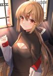  1girl bangs black_sweater breasts brown_hair cleavage cleavage_cutout clothing_cutout eyebrows_visible_through_hair hair_between_eyes hair_ornament hairclip highres indoors jacket kantai_collection long_hair looking_at_viewer low_twintails medium_breasts mizuki_eiru_(akagi_kurage) open_clothes open_jacket red_eyes smile solo sweater tashkent_(kantai_collection) translation_request turtleneck twintails upper_body window 