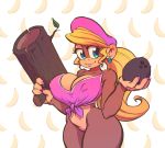  2020 anthro anthrofied banana blonde_hair blue_eyes bottomless breasts brown_body brown_fur clothed clothing coconut colored_nails dixie_kong donkey_kong_(series) drupe_(fruit) ear_piercing ear_ring featureless_crotch female food fruit fur hair haplorhine hat headgear headwear hi_res lipstick long_hair makeup mammal monkey nails nintendo nitro piercing plant ponytail primate smile solo video_games weapon 