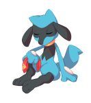  closed_eyes commentary commission creature english_commentary facing_viewer full_body gen_4_pokemon highres holding no_humans pokemon pokemon_(creature) riolu salanchu simple_background sitting solo white_background 