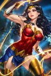  1girl armband armpits bare_shoulders black_hair breasts brown_eyes circlet commentary lasso_of_truth leg_lift long_hair medium_breasts neoartcore solo thighs wonder_woman wonder_woman_(series) 