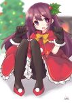  1girl :d absurdres bangs black_gloves black_legwear blurry blurry_background blush bow capelet christmas christmas_ornaments christmas_tree commentary_request depth_of_field dress eyebrows_visible_through_hair frilled_dress frills full_body fur-trimmed_gloves fur_trim gloves hair_between_eyes hair_ornament hands_up highres holly_hair_ornament ichi kantai_collection kisaragi_(kantai_collection) knees_up long_hair open_mouth pantyhose purple_eyes purple_hair red_capelet red_dress red_footwear shoes signature sitting smile solo very_long_hair yellow_bow 