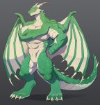  4_toes abs anthro big_muscles big_pecs dragon featureless_crotch full-length_portrait green_body grey_background hi_res humanoid_hands looking_at_viewer male membrane_(anatomy) membranous_wings muscular muscular_anthro muscular_arms muscular_legs muscular_male pecs portrait scalie simple_background solo standing toes velk western_dragon wings 