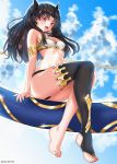  1girl barefoot black_hair black_ribbon blue_sky blush breasts cleavage cloud earrings fate/grand_order fate_(series) feet highres hoop_earrings ishtar_(fate)_(all) ishtar_(fate/grand_order) jewelry long_hair looking_at_viewer medium_breasts navel red_eyes ribbon ryudraw single_thighhigh sky smile solo stirrup_legwear thighhighs toeless_legwear toes twintails 