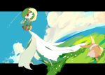  1girl :3 apios1 arched_back bangs black_sclera blue_sky bob_cut closed_mouth cloud colored_skin commentary creatures_(company) day dutch_angle eevee female fisheye flat_chest flower flower_wreath from_behind from_side full_body game_freak gardevoir gen_1_pokemon gen_2_pokemon gen_3_pokemon grass green_hair green_skin hair_flower hair_ornament hands_together hands_up happy highres horizon letterboxed looking_at_viewer multicolored multicolored_skin nintendo ocean outdoors outside_border pawpads pokemon pokemon_(creature) red_flower short_hair sky smile solo_focus standing sunkern two-tone_skin water white_eyes white_flower white_skin 