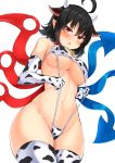  1girl animal_ears animal_print asymmetrical_wings bangs bare_shoulders black_hair blue_wings blush breasts commentary_request cow_ears cow_horns cow_print cowboy_shot elbow_gloves gloves groin hair_between_eyes highres horns houjuu_nue kemonomimi_mode large_breasts looking_at_viewer navel parted_lips pointy_ears red_eyes red_wings short_hair simple_background solo standing stomach sweat thighhighs thighs tokoya_(ex-hetare) touhou white_background white_gloves white_legwear wings 