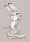  4_fingers anthro bedroom_eyes buckteeth dipstick_ears disney female finger_claws fingers fuchs hand_behind_head hi_res judy_hopps lagomorph leporid mammal monochrome multicolored_ears narrowed_eyes nude pinup pose rabbit seductive simple_background sketch solo teeth traditional_media_(artwork) zootopia 