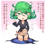  1girl animal_on_lap bell bell_collar black_dress blush_stickers cat cat_on_lap check_translation chibi collar curly_hair cushion dress green_eyes green_hair hand_up highres looking_at_viewer mogudan no_nose one-punch_man open_mouth seiza sitting smile solo_focus tail tail_wagging tatsumaki translation_request waving 