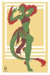  anthro border bottomwear clothing dinosaur dromaeosaurid feathers female hi_res loincloth lumixdragonfey_(artist) red_stripes reptile scalie solo stripes theropod uthalla velociraptor white_border yellow_eyes 