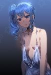  1girl :d azur_lane bangs bare_shoulders black_background blue_background blue_eyes blue_hair bow_(bhp) breasts choker cleavage collarbone cosplay disconnected_mouth dress earrings empty_eyes eyebrows_visible_through_hair gradient gradient_background grey_background grey_dress hair_between_eyes halter_dress hololive hoshimachi_suisei jewelry long_hair open_mouth outline oversized_clothes see-through shiny shiny_skin side_ponytail sidelocks silver_dress small_breasts smile solo spaghetti_strap st._louis_(azur_lane) st._louis_(azur_lane)_(cosplay) st._louis_(luxurious_wheels)_(azur_lane) standing star_(symbol) star_choker star_earrings star_in_eye starry_background symbol_in_eye 