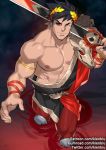  1boy abs armlet bangs bara bare_pecs black_hair greek_clothes green_eyes hades_(game) heterochromia kienbiu laurel_crown leggings male_focus muscular muscular_male navel nipples over_shoulder patreon_username pectorals pool_of_blood red_eyes reward_available short_hair single_bare_shoulder skull solo spiked_hair stomach sword sword_over_shoulder thick_thighs thighs weapon weapon_over_shoulder zagreus_(hades) 