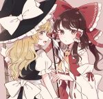  2girls ascot back_bow bamboo_broom bare_shoulders black_vest blonde_hair blush bow braid broom brown_background brown_eyes brown_hair buttons commentary_request detached_sleeves dress eyebrows_visible_through_hair eyelashes frilled_bow frills gohei hair_bow hair_tubes hakurei_reimu hat hat_bow hat_ribbon holding holding_broom holding_stick kirisame_marisa long_hair long_sleeves looking_at_viewer mozukuzu_(manukedori) multiple_girls nontraditional_miko open_mouth puffy_short_sleeves puffy_sleeves red_skirt red_vest ribbon sarashi sash short_sleeves side_braid simple_background single_braid skirt standing stick touhou upper_body vest white_bow white_ribbon white_sash wide_sleeves witch_hat wrist_cuffs yellow_eyes yellow_neckwear 