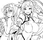  1boy 1girl bangs blush breasts bridget_(guilty_gear) detached_sleeves dress fingerless_gloves gloves greyscale guilty_gear_xx habit kuradoberi_jam large_breasts mars_symbol monochrome nun otoko_no_ko tassel yasakani_an yo-yo 