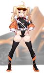  1girl ahoge black_legwear blonde_hair blue_eyes commentary dev elf fang fur_trim goggles goggles_on_head hands_on_hips highres jacket leotard lowleg lowleg_panties original panties pointy_ears race_queen skin_fang skindentation solo thighhighs twintails underwear 