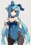  1girl animal_ears artist_name asuna_(sao) bangs black_legwear blue_eyes blue_hair blue_leotard blue_neckwear blush bow bowtie breasts bunny_ears closed_mouth commentary covered_navel covering covering_breasts cowboy_shot dated detached_collar eyebrows_visible_through_hair fake_animal_ears frown grey_background half_updo highres leotard long_hair looking_at_viewer medium_breasts pantyhose playboy_bunny pointy_ears shikei signature simple_background solo standing strapless strapless_leotard sword_art_online symbol_commentary thighs very_long_hair wing_collar wrist_cuffs 