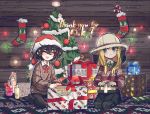  2girls :d bangs beehive beekeeping_hat black_hair black_skirt blind_girl_(popopoka) blonde_hair blue_eyes bully_girl_(popopoka) candy candy_cane christmas christmas_ornaments christmas_stocking christmas_tree closed_eyes closed_mouth commentary crossed_bangs english_commentary food freckles grey_legwear hat highres holding kneeling long_sleeves milestone_celebration multiple_girls open_mouth original pantyhose popopoka santa_hat seiza shampoo_bottle shoes sitting skirt smile soap_bottle sweater thank_you 