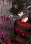  1boy a_nightmare_on_elm_street bangs black_headwear black_sweater blood blood_on_face bloody_clothes brown_eyes claws commentary_request cosplay danganronpa_(series) danganronpa_2:_goodbye_despair dead_by_daylight doggye_(zginrwsn) freddy_krueger freddy_krueger_(cosplay) gloves hair_between_eyes hat highres long_sleeves looking_at_viewer male_focus medium_hair red_sweater single_glove solo striped striped_sweater sweater 