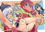  3girls akashi_(kantai_collection) alternate_costume armpits arms_up bare_arms bare_legs bare_shoulders barefoot beanie bikini bikini_skirt black_hair blue_eyes blue_hairband blush breasts commentary_request drill_hair enemy_lifebuoy_(kantai_collection) eyebrows_visible_through_hair glasses green_eyes hair_ribbon hairband hat heart heart-shaped_pupils highres kantai_collection kashima_(kantai_collection) legs long_hair looking_at_viewer multiple_girls navel nonco ooyodo_(kantai_collection) open_mouth pink_hair ribbon school_uniform semi-rimless_eyewear sideboob simple_background skindentation smile string_bikini sweatdrop swimsuit symbol-shaped_pupils tongue tress_ribbon under-rim_eyewear 