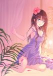  1girl arm_support bare_shoulders bed blue_eyes blush breasts brown_hair cleavage closed_mouth curtains dress flower hair_flower hair_ornament hibiscus highres leaf long_hair looking_at_viewer nagidango on_bed original plant purple_dress sitting sitting_on_bed smile solo strap_slip 