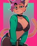  4:5 anthro belt bottomwear bra breasts choker clothing dark_lips eyelashes felid feline female green_clothing green_eyes hi_res hoodie jewelry mammal necklace pants rexumin skateboard solo sports_bra teeth_showing thong topwear underwear whiskers 