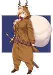  aegis_(takunomi) animal_costume belt blonde_hair christmas cosplay elf enjou_kouhai_oshiego_wa_elf_ryuu_ningyo_jinrou full_body green_eyes highres holding kigurumi original pointy_ears reindeer_costume sack sheath sheathed simple_background sword takunomi weapon 