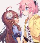  2girls ahoge beize_(garbage) blush brown_eyes brown_hair chiyoda_momo clothes_writing curled_horns demon_girl demon_horns demon_tail eyebrows_visible_through_hair fang hair_ornament height_difference hood hoodie horns long_hair machikado_mazoku multiple_girls open_mouth pink_hair prehensile_tail school_uniform shiny shiny_hair short_hair simple_background skin_fang sweat tail very_long_tail white_background yoshida_yuuko_(machikado_mazoku) 