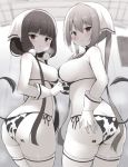  2girls animal_print ass bandana barcode blend_s breasts breath commentary_request cow_print cow_tail cowboy_shot from_behind gloves greyscale hanetu head_scarf hinata_kaho large_breasts long_hair looking_at_viewer looking_back low_twintails medium_breasts monochrome multiple_girls sakuranomiya_maika standing tail thighhighs twintails 