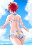  1girl absurdres ass back bikini blue_sky cloud commentary_request cowboy_shot day facing_away from_behind halter_top halterneck highres hogey_nk-2000 hojo_karen idolmaster idolmaster_cinderella_girls idolmaster_cinderella_girls_starlight_stage outdoors print_bikini red_hair short_hair side-tie_bikini sky solo standing swimsuit water white_bikini 