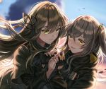  2girls bangs black_gloves black_jacket black_scarf blurry blurry_background blush brown_hair closed_mouth commentary_request fingerless_gloves girls_frontline gloves grey_hair hair_between_eyes hair_tie highres jacket long_hair long_sleeves multiple_girls one_side_up parted_lips scarf sidelocks silence_girl smile star-shaped_pupils star_(symbol) symbol-shaped_pupils tears ump40_(girls_frontline) ump45_(girls_frontline) upper_body yellow_eyes 