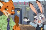  anthro blush canid canine clothed clothing disney duo fox fur gloves_(marking) green_eyes grey_body grey_fur hi_res judy_hopps lagomorph leporid looking_at_viewer mammal markings necktie nick_wilde open_mouth open_smile orange_body orange_fur photo_background purple_eyes rabbit red_fox shirt smile topwear zoonckl zootopia 