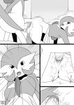  2013 abdominal_bulge anthro anus arch_position blush bodily_fluids breasts chest_spike comic duo erection female gallade gardevoir genital_fluids genitals greyscale kneeling male male/female monochrome nintendo open_mouth outside penetration penile penile_penetration penis penis_in_pussy pok&eacute;mon pok&eacute;mon_(species) pussy pussy_juice pussy_juice_on_leg sex spikes spikes_(anatomy) vaginal vaginal_penetration video_games yuu_h zoom_lines 