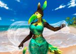  2018 anthro beach beak breasts day deerstail detailed_background digital_media_(artwork) eyebrows eyelashes female non-mammal_breasts outside sand seaside shoreline sky smile solo water 