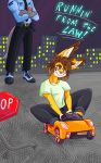  anthro bad_choices brown_hair canid canine canis catherine(mountaincat) city cityscape clothed clothing determined disaster_girl driving duo felid feline female fur hair hi_res lynx male mammal mountaincat multi_colored_eyes on_car police police_uniform solo_focus stop_sign text toy_car uniform wolf yellow_body yellow_fur 