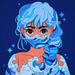  1girl artist_name bangs black_eyes blue_background braid braided_ponytail collarbone dark_skin dress looking_at_viewer mask meyoco mouth_mask multicolored_hair off-shoulder_dress off_shoulder original print_mask simple_background solo sparkle streaked_hair upper_body wave_print 