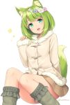  1girl :d animal_ear_fluff animal_ears bob_cut brown_skirt closed_mouth coat convenient_leg feet_out_of_frame flower fox_ears fox_tail fur-trimmed_coat fur_trim green_eyes green_fox_(sasaame) green_hair grey_coat grey_legwear hair_flower hair_ornament hand_up head_tilt head_wreath invisible_chair long_sleeves looking_at_viewer medium_hair miniskirt open_mouth original pink_flower purple_flower sasaame signature simple_background sitting skirt sleeves_past_wrists smile socks solo tail twitter_username white_background white_flower 