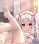  1girl animal_ears arms_at_sides azur_lane bare_shoulders bed_sheet blush breasts bunny_ears chen_bin curtains eyebrows_visible_through_hair fake_animal_ears feet frown hair_between_eyes highres jacket laffey_(azur_lane) legs_up long_hair lying no_shoes off_shoulder on_back on_bed pink_jacket red_eyes see-through solo_focus sunlight tears thighhighs twintails white_hair white_legwear 