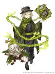  1boy :d black_legwear book chain eyebrows_visible_through_hair full_body green_eyes green_hair hat highres japanese_clothes ji_no kimono long_nose looking_at_viewer official_art open_mouth pinocchio_(sinoalice) platform_footwear sandals scarf sinoalice smile solo square_enix tongue tongue_out upper_teeth white_background wide_sleeves 