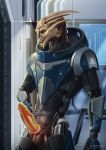  absurd_res alien armor balls blue_penis cierras condom erection genitals hand_on_hip hi_res looking_at_viewer male mass_effect penis red_eyes sexual_barrier_device solo standing turian video_games vocus_salvinian wearing_condom 