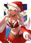  1girl absurdres animal_ear_fluff animal_ears bangs bare_shoulders bell bell_choker blonde_hair breasts choker cleavage collarbone dark_skin dark_skinned_female detached_sleeves energy_wings fate/grand_order fate/grand_order_arcade fate_(series) fox_ears fox_girl fox_tail fur_trim grin gyaru hat hidariude highres large_breasts long_hair looking_at_viewer santa_costume santa_hat self_shot smile suzuka_gozen_(fate) suzuka_gozen_(santa)_(fate) tail tan wide_sleeves wings 