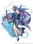  1girl absurdly_long_hair anklet aqua_eyes earrings eyebrows_visible_through_hair fins full_body fur_trim highres japanese_clothes jewelry ji_no katana kimono long_hair looking_at_viewer ningyo_hime_(sinoalice) official_art platform_footwear ponytail purple_hair sandals sash sinoalice socks solo square_enix sword very_long_hair water weapon white_background wide_sleeves 