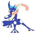  brown_eyes commentary creature english_commentary fighting_stance full_body gen_6_pokemon greninja no_humans pinkgermy pokemon pokemon_(creature) simple_background solo standing white_background 