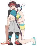  1boy 1girl abs age_difference aqua_footwear bare_arms bike_shorts black_hair blue_eyes blush breasts brown_eyes brown_hair elesa_(pokemon) face_licking flats gym_leader hand_on_another&#039;s_chest hand_on_another&#039;s_knee handjob headphones height_difference hetero highres licking mizuno_(pixiv31352320) nate_(pokemon) navel one_knee open_mouth photoshop_(medium) pokemon pokemon_(game) pokemon_bw2 red_footwear shiny shiny_skin shirt_lift shorts sidelocks tall_female tongue visor_cap 