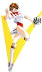  1990s_(style) 1girl asuka_120_percent ball brown_eyes brown_hair buruma elbow_pads emblem folded_leg full_body highres holding holding_ball ishida_atsuko knee_pads kneehighs looking_at_viewer official_art open_mouth red_buruma shoes short_hair short_sleeves sneakers solo volleyball 